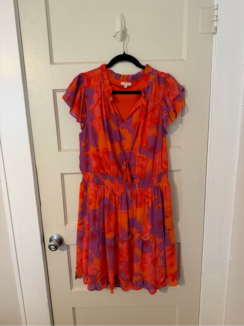 JODIFL Bright Orange & Purple Floral Ruffle Tie-Front Mini Dress